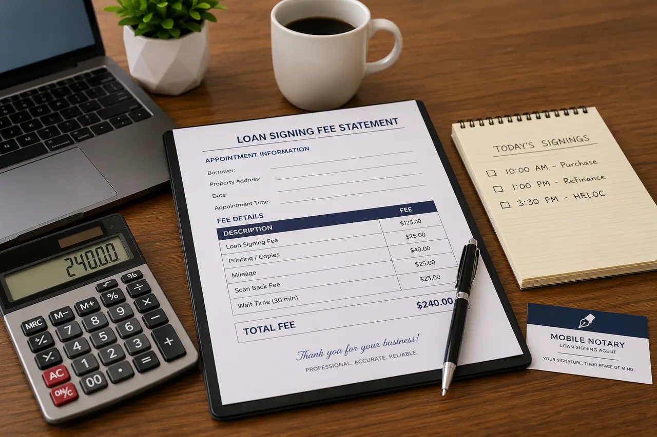 Loan signing agent reviewing a fee statement and loan documents before a real estate closing appointment.