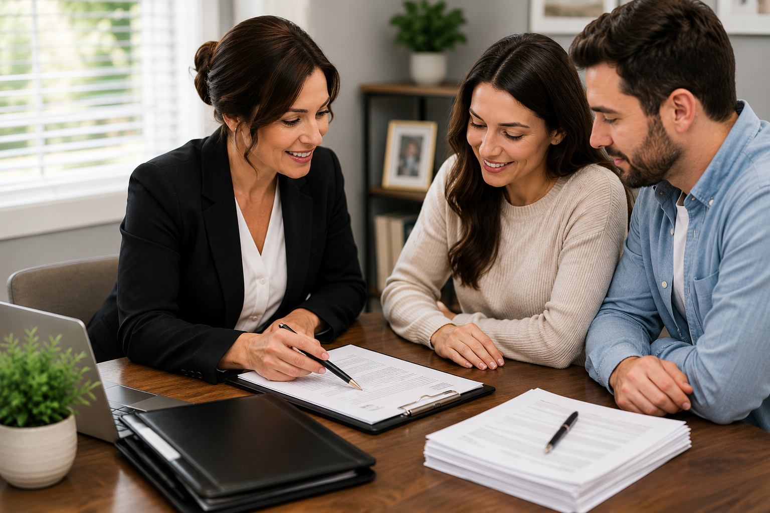 Loan signing agent reviewing mortgage documents with clients during a real estate closing appointment.