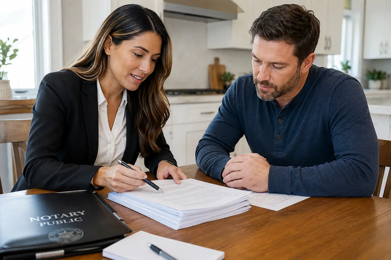 Loan signing agent reviewing mortgage documents with borrowers during a real estate closing appointment.