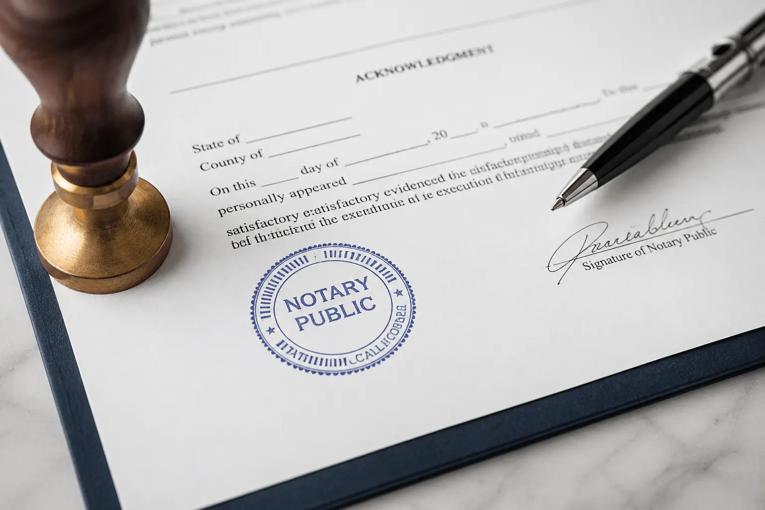 Official notary public seal and acknowledgment document representing the responsibilities of becoming a commissioned notary.